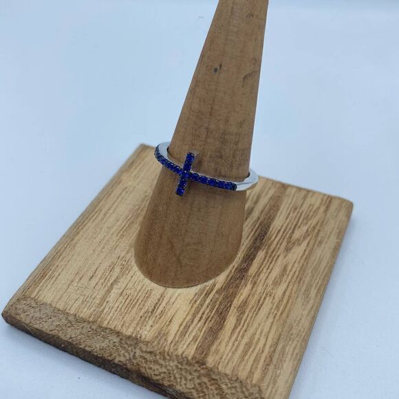 Blue Sapphire Cz Sterling Silver Sideways Cross Ring Size 7 - Picture 14 of 14